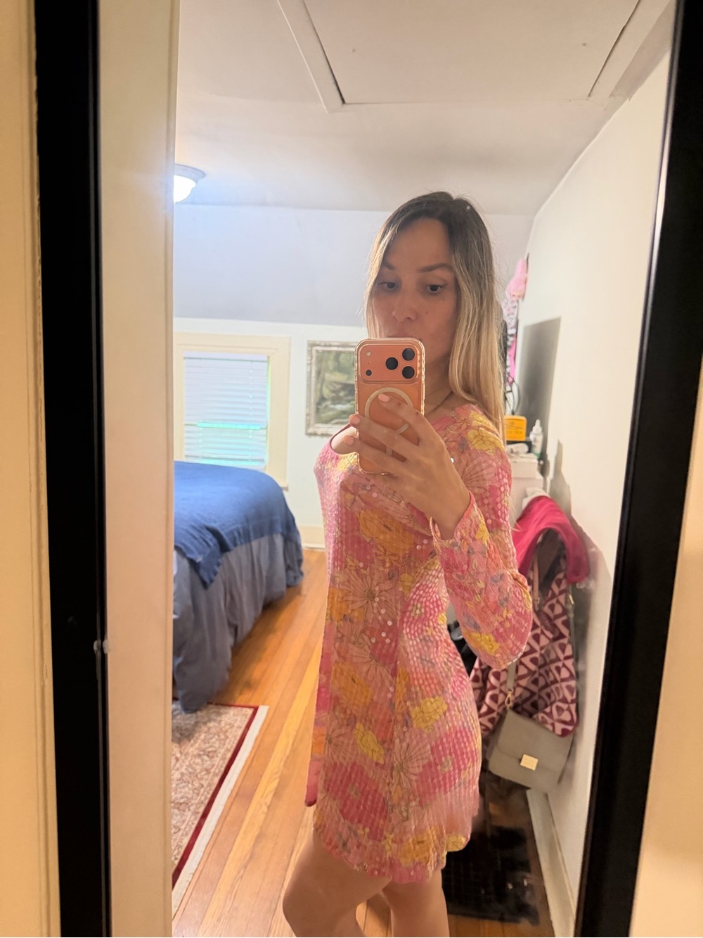 Pink & Yellow Floral Knit Mini Dress